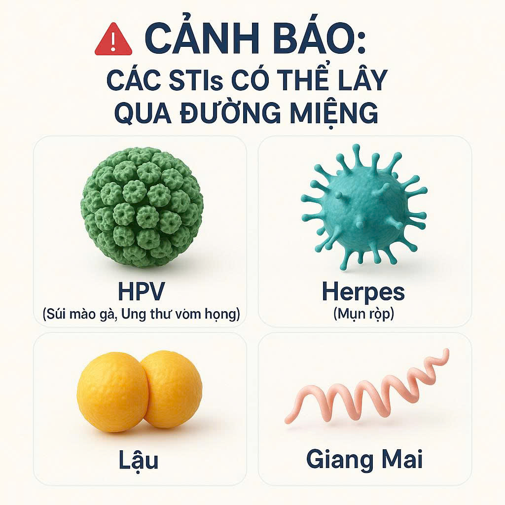 Infographic khoa học về các bệnh STIs phổ biến có thể lây qua đường miệng khi quan hệ, bao gồm HPV, Herpes, Lậu và Giang Mai.